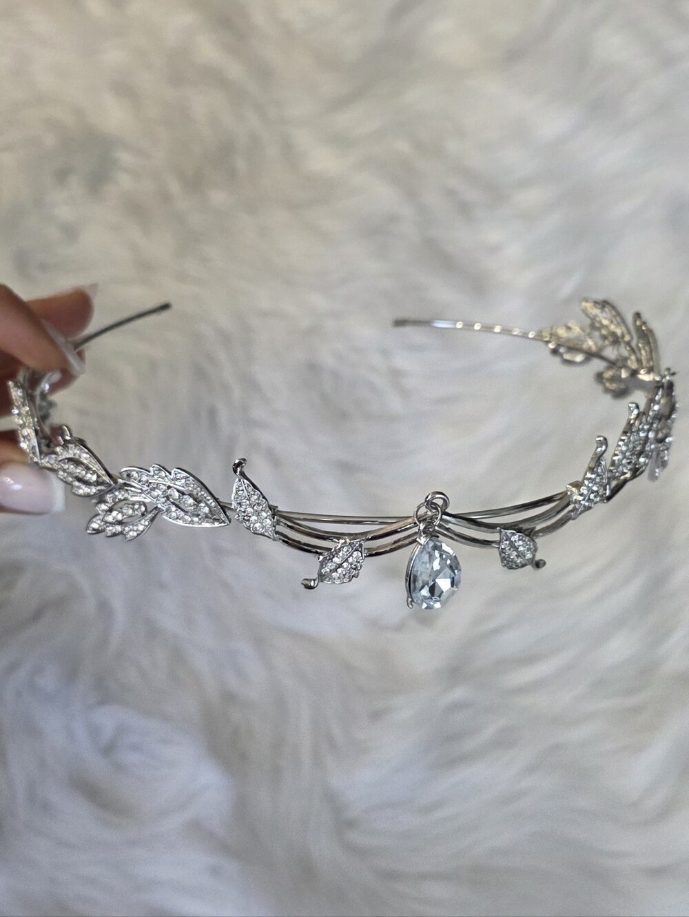 Crystal Leaf Accent Silver Tiara Headband